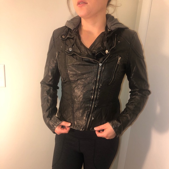COPY - Free People Black Leather Jacket w/ Removable Hood - Picture 3 of 10